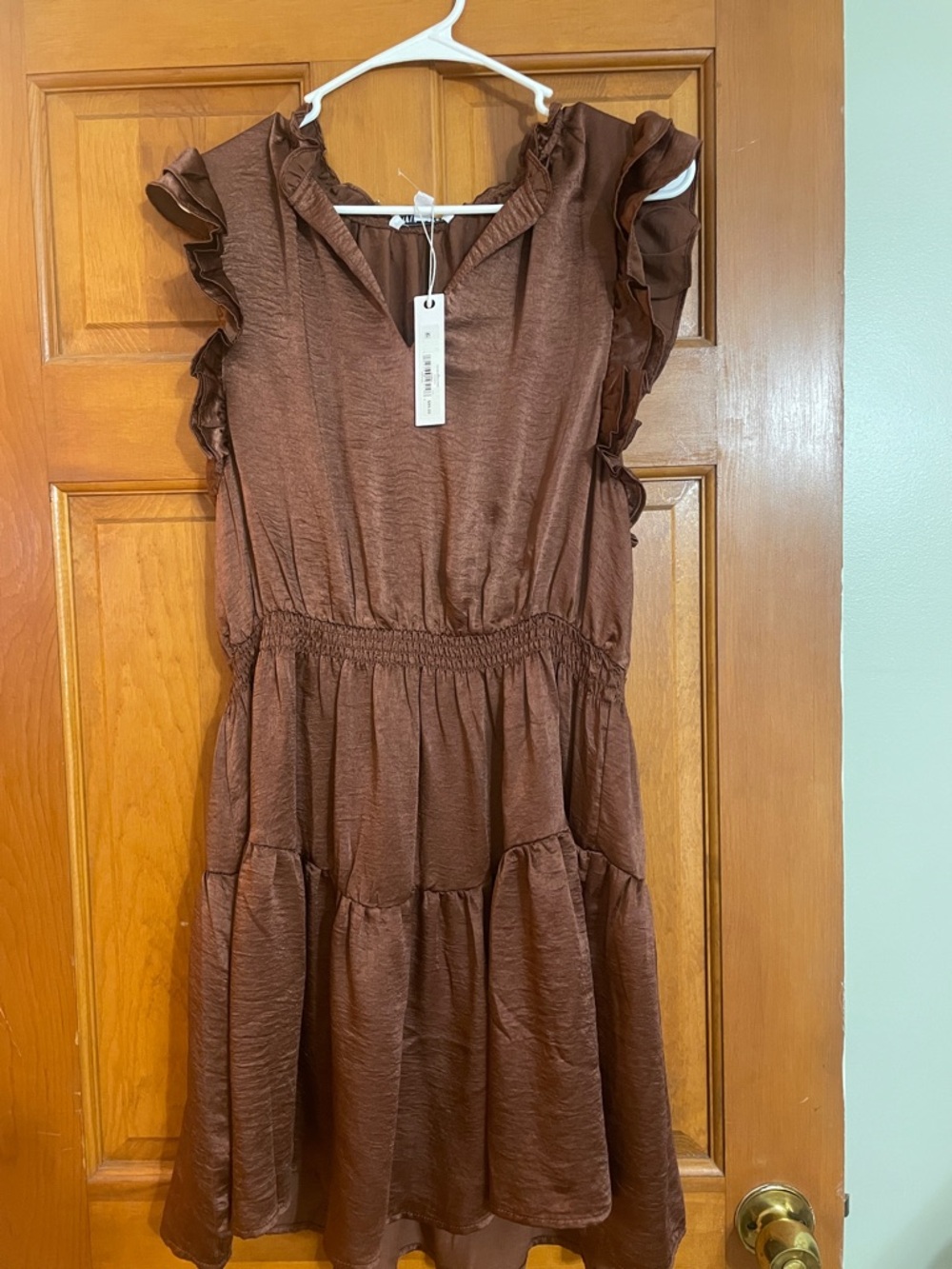 Steve Madden Satin-Look Copper Brown V-Neck Dress